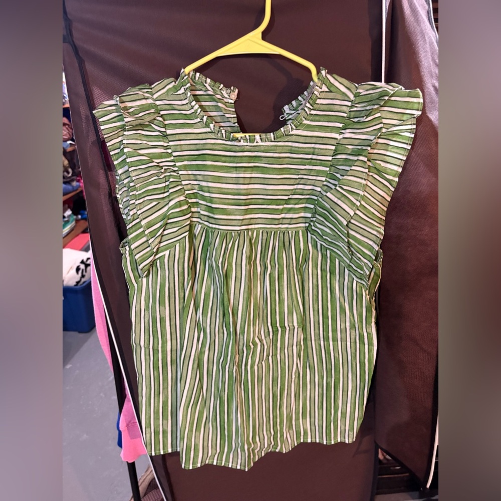 Loft Green & White Striped Ruffle Sleeve Dress Top